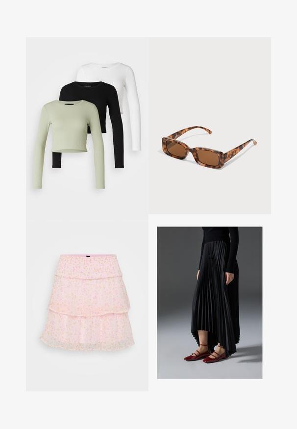 Even&Odd Petite 3 PACK - Majica z dolgimi rokavi - black/white/light green; Roza, večplastna krila iz prosojnega materiala s cvetličnimi vzorci v pastelnih barvah. Elastičen pas povečuje udobje in prileganje.; Črna nabrana krila z višjim sprednjim in nižjim zadnjim delom, kombinirana z sijočimi rdečimi balerinkami s trakastim dizajnom. Tkanina ima gladko teksturo.; Želve sunčane naočale s pravokutnim smešnim lećama, debelim okvirom i tankim ručkama s uzorkom različitih nijansi smeđe boje.