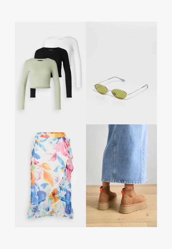 Even&Odd Petite 3 PACK - Pikkade varrukatega topp - black/white/light green; Õhuline, läbipaistev lillemuster, mis on valmistatud kergest kangast. Omab elavaid mitmevärvilisi lilli, volangidega ääred ja kontrastset oranži vöökohta.; Pruunid nahatooted platvormikontsad elastsete külgpaneelidega ja oranžide tõmbetuttidega, koos puusani ulatuva heleda denim-seelikuga puidust põrandal.; Oliivrohelised prillid, millel on õhuke kuldne raam ja sinise aktsendiga käed. Ovaalsed läätsed ja minimalistlik disain.