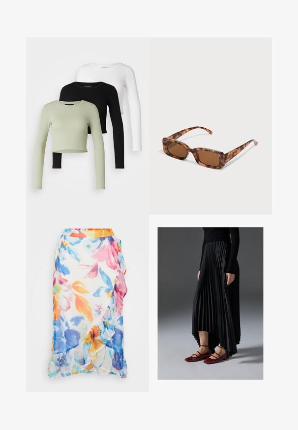 Even&Odd Petite 3 PACK - Langærmet T-shirt - black/white/light green; Blomstret omslagskjørt i let, gennemsigtig stof. Har livlige, multikolorede blomster, volangkant og en kontrasterende orange talje.; Sort plisseret nederdel med en høj-lav kant, parret med glansfulde røde flade sko med en remdesign. Stoffet har en glat overflade.; Skildpaddemønster solbriller med rektangulære brune linser, en tyk ramme og slanke arme med et mønster af varierende nuancer af brune.; Sølv hoop øreringe med en glat, poleret overflade. Rund form og sikker klik-lukning. Letvægtsdesign, der er velegnet til hverdagsbrug.