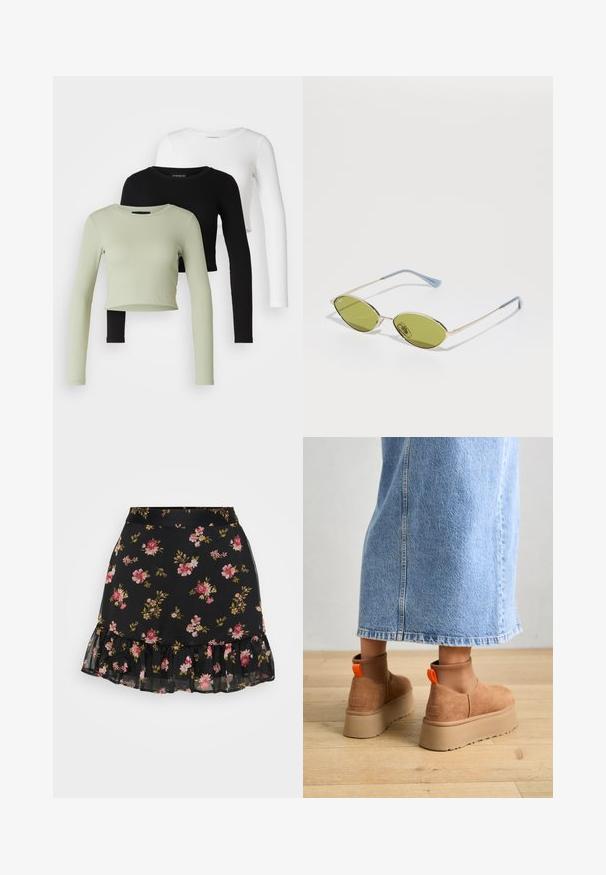 Even&Odd Petite - Bluzka z długim rękawem; Czarna spódnica w kwiaty z falbaniastym dołem. Posiada wzór różowych i żółtych kwiatów na przezroczystym materiale. Lekka i dopasowana konstrukcja.; Brązowe zamszowe buty na platformie z elastycznymi bokami i pomarańczowymi uchwytami, w połączeniu z jasnoniebieską spódnicą do kolan na drewnianej podłodze.; Oliwkowe okulary przeciwsłoneczne z cienką złotą ramką i niebieskimi akcentami na zausznikach. Owalne soczewki i minimalistyczny design.