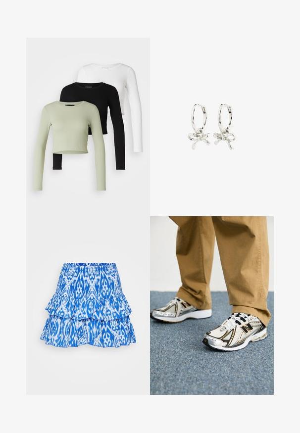 Even&Odd Petite 3 PACK - Top s dlhým rukávom - black/white/light green; Modrá sukňa s vrstveným strihom a živou ikatovou vzorom. Má volánové vrstvy a elastický pás pre nastaviteľnosť. Materiál vyzerá ľahký.; Biele a strieborné tenisky New Balance s čiernymi akcentmi a šnúrkami, s priedušným vrchom, polstrovanou podrážkou a dynamickým dizajnom.; Strieborné kruhové náušnice so vzorom mašle, s hladkým povrchom a leštenou textúrou. Kompaktne, minimalistický štýl vhodný na rôzne príležitosti.