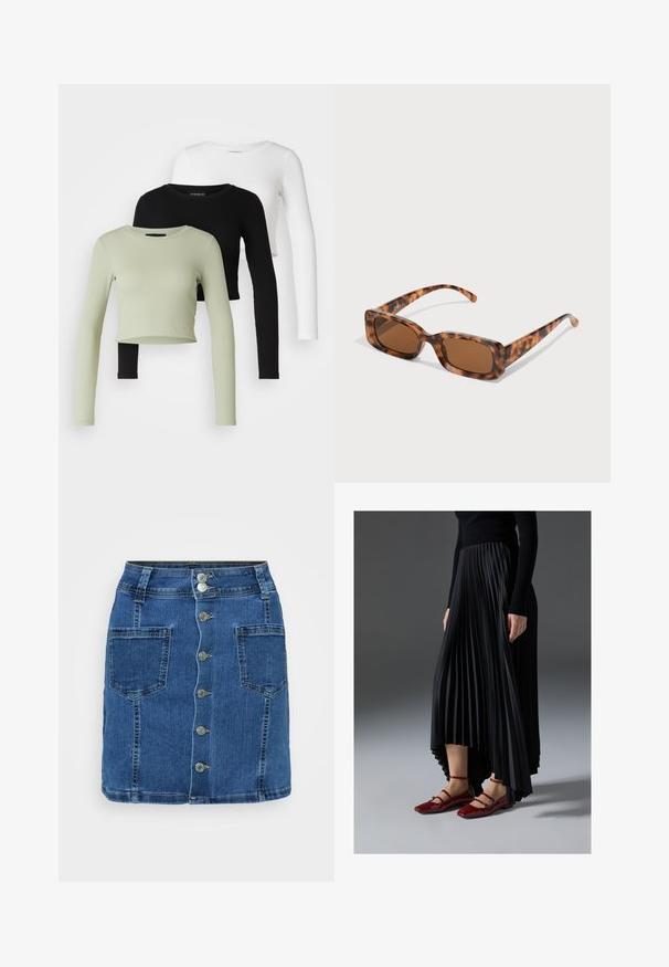 Even&Odd Petite 3 PACK - Topper langermet - black/white/light green; Jeanskjørt med tettsittende midje, fem metallknapper foran og to store sidelommer. Midt på låret lengde og klassisk blå farge.; Svart plissert skjørt med høy-lav hem, kombinert med glansfulle røde leilisser med stroppedesign. Stoffet har en jevn tekstur.; Skilpadde-solbriller med rektangulære brune linser, en tykk ramme og smale stenger som har et mønster av varierende nyanser av brunt.