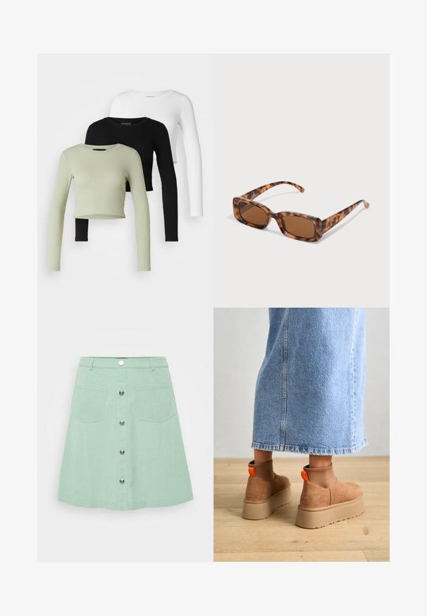 Even&Odd Petite 3 PACK - Bluză cu mânecă lungă - black/white/light green; Fustă din denim verde mentă cu închidere prin nasture, două buzunare frontale și un design evazat. Material texturat cu detalii de cusătură vizibile.; Botine maro din suede cu platformă, cu panouri elastice pe laterale și mânere portocalii, asortate cu o fustă din denim deschis până la genunchi, pe un podea din lemn.; Ochelari de soare cu rama țestoasă, cu lentile rectangulare maro, o ramă groasă și brațe subțiri, prezentând un model cu nuanțe variate de maro.