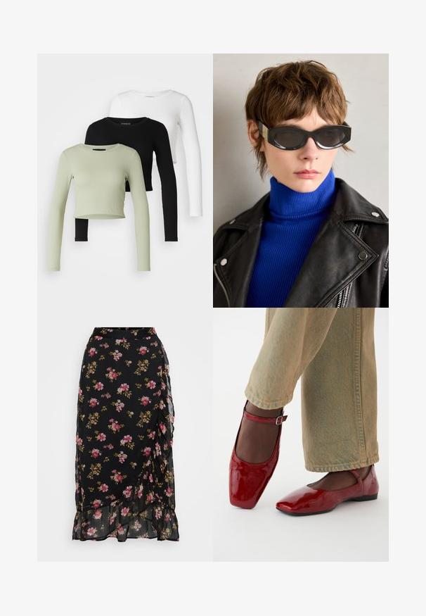 Even&Odd Petite 3 PACK - Langærmet T-shirt - black/white/light green; Sort blomster nederdel med pink og grønne mønstre, udfoldet design og flæsekant. Fremstillet af let, semi-gennemsigtigt stof.; Røde patentlæder sko med firkantet tå, lav hæl og ankelrem, parret med lysegrønne vide bukser. Glat tekstur, reflekterende overflade.; Sorte solbriller med afrundede kanter og tonede linser. Har guldaccents på stængerne. Bæres med en blå ribbet turtleneck og læderjakke.; Guldmetalløreringe med et bølget design; glat, reflekterende overflade; asymmetrisk form; ingen synlige mønstre eller hardware.