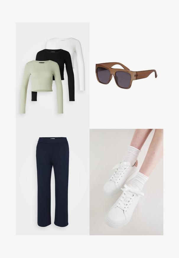 Even&Odd Petite 3 PACK - Pikkade varrukatega topp - black/white/light green; Tumed sinised sirged püksid venivast kangast, millel on lame vöökoht ja kaks küljetaskut kasutusmugavuse tagamiseks.; Valged nahast tossud on ümarate varvastega, lame tallaga ja paksude paeladega. Neid kaunistab heledat roosa värvi konts ja neid kantakse valgete ribidega sokkidega.; Pruun poolläbipaistev päikeseprillide raam on ruudukujuline ja tumedate läätsedega. Käepidemed on sujuvad ja kergelt kaarduvad, andes moodsa ilme.