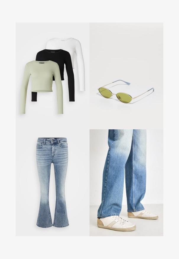 Even&Odd Petite 3 PACK - Long sleeved top - black/white/light green; Light blue flared jeans made of denim, featuring a classic five-pocket design, front zip closure, and subtle fading along the thighs.; White sneakers with beige accents and textured detailing, paired with light blue, slightly distressed denim jeans, relaxed fit.; Olive green sunglasses with a thin gold frame and blue-accented arms. Oval lenses and minimalistic design.