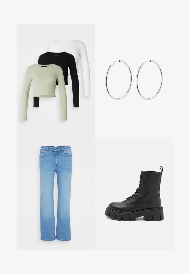 Even&Odd Petite - Bluzka z długim rękawem; Jasnoniebieskie dżinsy o klasycznym prostym kroju, pięć kieszeni i z przodem zapinanym na guzik. Gładka tekstura o jednolitym kolorze.; Czarna skórzana botka za kostkę z wiązaniem z przodu, grubą platformą i uchwytem do zakupu; gładka tekstura i subtelne logo na pięcie.; Srebrne kolczyki w kształcie kół z gładkim, wypolerowanym wykończeniem. Okrągły kształt, jednolita szerokość, zaprojektowane z myślą o łatwym zapięciu. Proste i eleganckie.