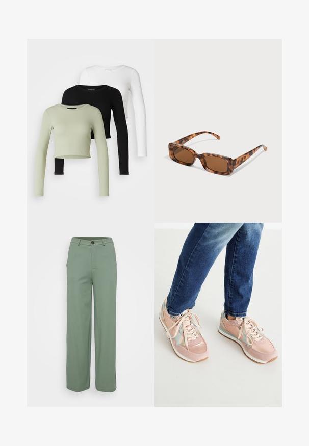Even&Odd Petite 3 PACK - Top s dlouhým rukávem - black/white/light green; Kalhoty s širokými nohavicemi z jemného zeleného materiálu s hladkým povrchem. Mají přední zapínání na knoflík a dvě boční kapsy.; Růžové tenisky vyrobené z semišových a kožených materiálů, s světle modrými akcenty, zaoblenou špičkou a bílou gumovou podrážkou. Tkaničky jsou béžové.; Kočičí brýle se želvovinovým vzorem, obdélníkové hnědé čočky, silný rám a úzké nožičky s různými odstíny hnědé.; Stříbrné kruhové náušnice s hladkým, lesklým povrchem. Kulatý tvar a bezpečné zapínání na klip. Lehký design vhodný pro každodenní nošení.