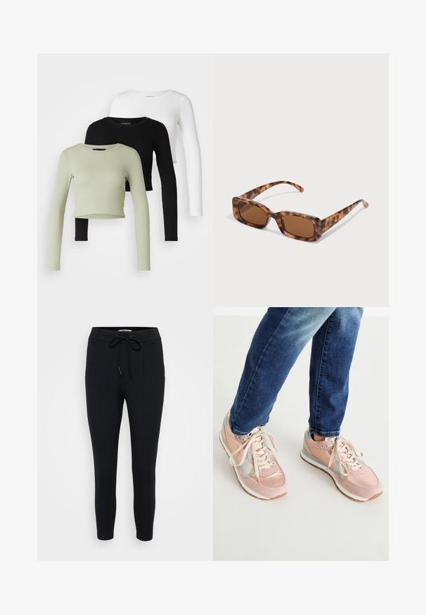Even&Odd Petite 3 PACK - Bluză cu mânecă lungă - black/white/light green; Pantaloni negri con un croi con piciorul îngust, confecționați dintr-un material elastic, având o talie cu șnur, două pliuri frontale și o textură netedă.; Tenisi roz din materiale din suede și piele, cu accente albastre deschise, vârf rotunjit și talpă din cauciuc alb. Șireturile sunt bej.; Ochelari de soare cu rama țestoasă, cu lentile rectangulare maro, o ramă groasă și brațe subțiri, prezentând un model cu nuanțe variate de maro.