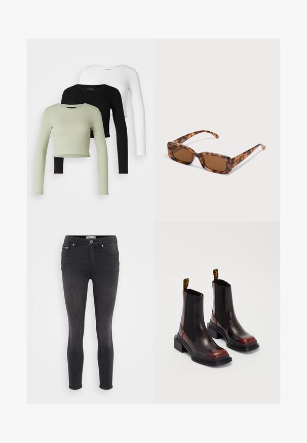 Even&Odd Petite 3 PACK - Camiseta de manga larga - black/white/light green; Jeans ajustados negros de denim. Presentan un cierre frontal con botón y un bolsillo con cremallera en la cintura. Textura suave con un desvanecimiento mínimo.; Dr. Martens MAYBOLE CHELSEA - Botines con plataforma - black/cherry red; Gafas de sol de carey con lentes marrones rectangulares, un marco grueso y patillas delgadas que presentan un patrón de diferentes tonos de marrón.; Pendientes de aro de metal plateado con una textura cepillada, que presentan un diseño circular y un respaldo transparente para un uso seguro.
