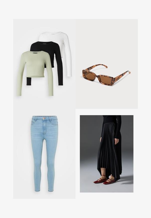 Even&Odd Petite 3 PACK - Camisola de manga comprida - black/white/light green; Calças skinny de ganga azul claro com cintura alta, apresentando fecho frontal com botão e zíper, cinco bolsos e um desbotado subtil.; Saia preta plissada com bainha assimétrica, combinada com sapatilhas vermelhas brilhantes com um design de tiras. O tecido tem uma textura suave.; Uns óculos de sol de padrão tartaruga com lentes retangulares castanhas, uma armação grossa e hastes finas com um padrão de diferentes tons de castanho.