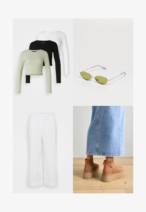 Even&Odd Petite 3 PACK - Langarmshirt - black/white/light green; Weiße, weit geschnittene Hose aus leichtem Material. Verfügt über einen elastischen Bund und Seitentaschen, mit einer glatten, matten Textur.; Braune Wildleder-Plateau-Stiefel mit elastischen Seitenpaneelen und orangen Zuglaschen, kombiniert mit einem knielangen hellen Jeansrock auf einem Holzboden.; Olivgrüne Sonnenbrille mit dünnem goldenen Rahmen und blauen Akzenten an den Bügeln. Ovale Gläser und minimalistisches Design.