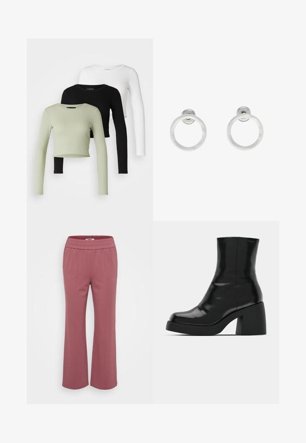 Even&Odd Petite 3 PACK - Long sleeved top - black/white/light green; Fitted, lightweight trousers in a dusty pink color. Features an elastic waistband and wide, straight legs. Soft fabric with no visible patterns.; Black ankle boots with a glossy finish, square toe, and a thick block heel. The design features a seamless silhouette and minimal branding.; Silver metal hoop earrings with a brushed texture, featuring a circular design and a clear post back for secure wear.