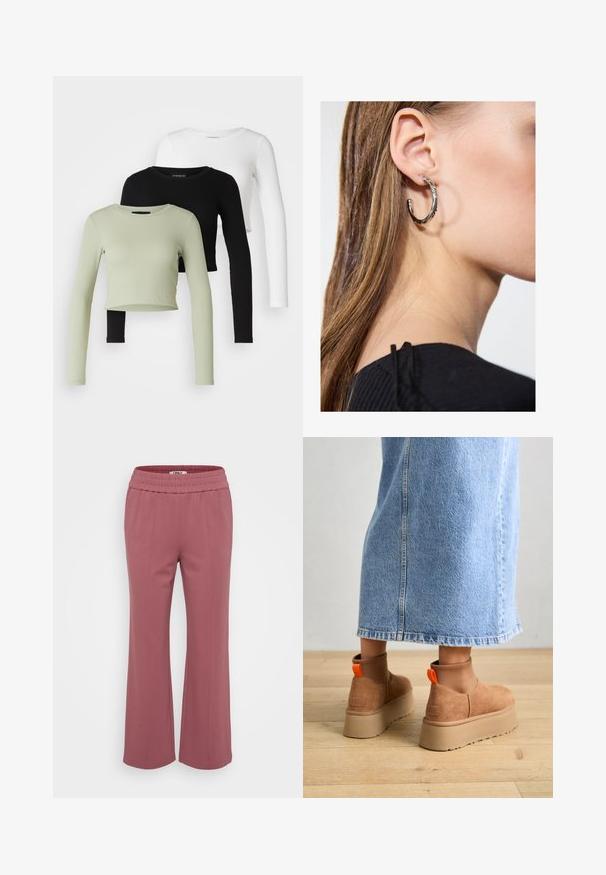 Even&Odd Petite 3 PACK - Long sleeved top - black/white/light green; Fitted, lightweight trousers in a dusty pink color. Features an elastic waistband and wide, straight legs. Soft fabric with no visible patterns.; Brown suede platform boots with elastic side panels and orange pull tabs, paired with a knee-length light denim skirt on a wooden floor.; Silver hoop earring with a polished finish, featuring small gold accent details and a round shape, worn on the lobe.