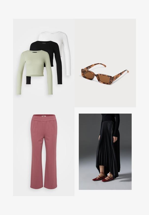 Even&Odd Petite 3 PACK - Top s dlhým rukávom - black/white/light green; Priliehavé, ľahké nohavice v jemnej ružovej farbe. Majú elastický pás a široké, rovné nohy. Mäkká tkanina bez viditeľných vzorov.; Čierna plisovaná sukňa s vysokým a nízkym lemom, skombinovaná s lesklými červenými balerínami s dizajnom remienkov. Tkanina má hladkú textúru.; Rámik slnečných okuliarov z korytnačiny s obdĺžnikovými hnedými sklami, hrubým rámom a štíhlymi stranicami so vzorom rôznych odtieňov hnedej.