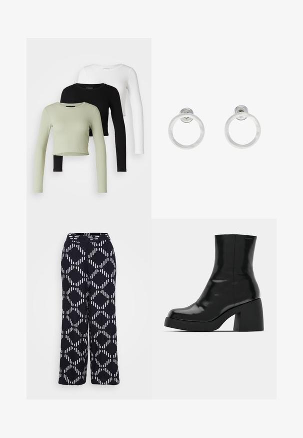 Even&Odd Petite 3 PACK - Tops ar garām piedurknēm - black/white/light green; Vero Moda Petite VMBRINA PANTS - Auduma bikses - black; Melnas potītes zābaku ar spīdīgu apdari, kvadrātveida pirkstu un biezu bloku papēdi. Dizainā ir bezšuvju siluets un minimāla zīmola identitāte.; Sudraba metāla gredzenveida auskari ar matētu faktūru, ar apaļu dizainu un caurspīdīgu aizdari, lai nodrošinātu drošu valkāšanu.