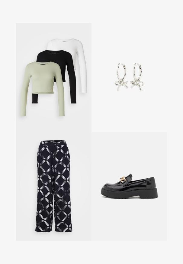 Even&Odd Petite 3 PACK - Pikkade varrukatega topp - black/white/light green; Vero Moda Petite VMBRINA PANTS - Püksid - black; Mustad musta läikiva nahaga loaferid, millel on jäme must tald ja kuldsed detailid. Sujuv tekstuur ja ümar varvaste disain.; Hõbedased rõngas kõrvarõngad, millel on lipsu kujundus, sile viimistlus ja läikiv tekstuur. Kompaktne, minimalistlik stiil, sobib erinevateks juhtudeks.