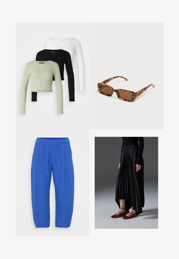 Even&Odd Petite 3 PACK - Top dugih rukava - black/white/light green; GAP Petite WIDE LEG EASY - Hlače - dazzling blue; Crna plisirana suknja s visokim i niskim rubom, uparena s sjajnim crvenim balerinkama s dizajnom trakice. Tkanina ima glatku teksturu.; Naočale u obliku tortoiseshella s pravokutnim smeškim lećama, debelim okvirom i tankim nogicama koje imaju uzorak od različitih nijansi smeđe boje.; Srebrne okrugle naušnice s dizajnom mašne, s glatkom završnom obradom i poliranim teksturama. Kompaktni, minimalistički stil prikladan za različite prilike.