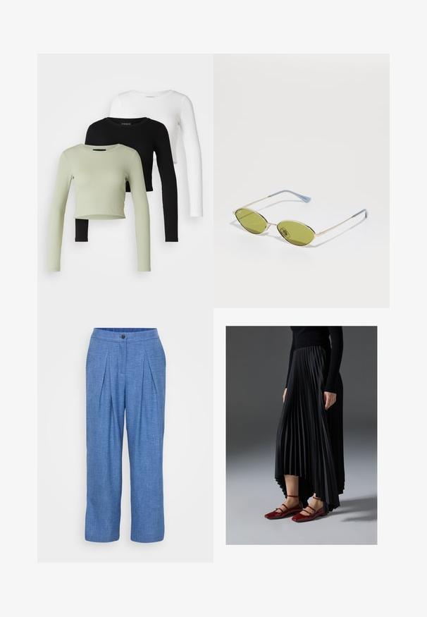 Even&Odd Petite 3 PACK - Pikkade varrukatega topp - black/white/light green; Sinine, tekstureeritud linased püksid, mis on varustatud volditud disainiga, nupplukuga ja lõdva istuvusega, millel on laiad sääred.; Mustmust seelik kõrgema ees- ja madalama taga servaga, kombineeritud läikivate punaste sussidega, millel on rihma kujundus. Kangas on sileda tekstuuriga.; Oliivrohelised prillid, millel on õhuke kuldne raam ja sinise aktsendiga käed. Ovaalsed läätsed ja minimalistlik disain.; Hõbedased rõngas kõrvarõngad, millel on lipsu kujundus, sile viimistlus ja läikiv tekstuur. Kompaktne, minimalistlik stiil, sobib erinevateks juhtudeks.