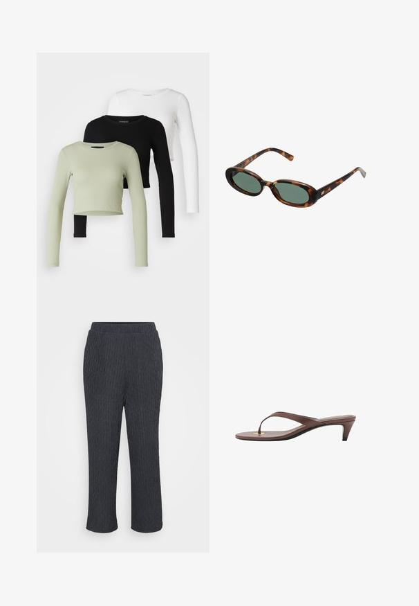 Even&Odd Petite 3 PACK - Long sleeved top - black/white/light green; Dark grey pants with a textured, ribbed design, featuring an elastic waistband and tapered legs. Made from lightweight, soft material.; Brown heeled flip-flop sandal with a slender strap and rounded toe post, featuring a small gold accent on the footbed.; Tortoiseshell sunglasses with oval frames and green lenses. Features thin arms with a metallic accent near the hinges.; Olive green leather handbag with a rounded shape, dual handles, and seamless front. Features a smooth texture and subtle stitching details.; Gold hoop earrings featuring a smooth, rounded design with a shiny finish. Lightweight construction with a secure clasp closure.