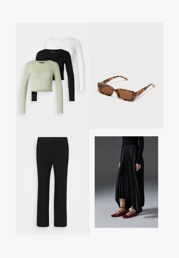 Even&Odd Petite 3 PACK - Longsleeve - black/white/light green; Zwarte broek met een recht pijpdesign, gemaakt van een gladde stof. Heeft een platte tailleband en geen zichtbare zakken. Minimalistische stijl.; Zwarte geplooide rok met een high-low zoom, gecombineerd met glanzende rode ballerina's met een bandontwerp. De stof heeft een soepele textuur.; Tortoiseshell zonnebril met rechthoekige bruine lenzen, een dik montuur en slanke armen met een patroon van variërende bruintinten.