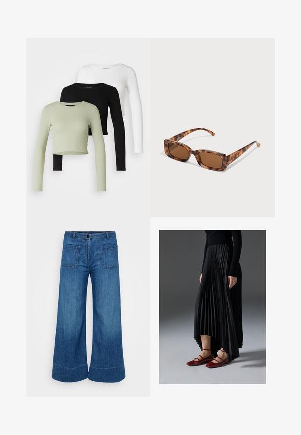 Even&Odd Petite 3 PACK - Pikkade varrukatega topp - black/white/light green; Laiad püksid keskmise sinise denimi värviga. Omab nööpkinni, kahte tagumist taskut ja puhtat äärt. Sile tekstuur kerge pleekimisega.; Mustmust seelik kõrgema ees- ja madalama taga servaga, kombineeritud läikivate punaste sussidega, millel on rihma kujundus. Kangas on sileda tekstuuriga.; Kilpkonna kestaga prillid, millel on ristkülikukujulised pruuni värvi objektiivid, paks raam ja peened käed, millel on erinevate pruunide toonide muster.; Hõbedased rõngaskõrvarõngad, millel on sile, läikiv viimistlus. Ümmargune kuju ja turvaline klõpsulatus. Kerge disain, sobib igapäevaseks kandmiseks.