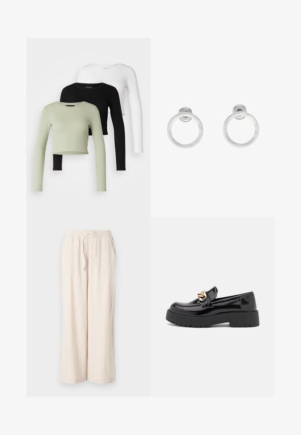 Even&Odd Petite 3 PACK - Pikkade varrukatega topp - black/white/light green; Beez linane laiad sääred püksid elastse vöökoha ja esi-taskutega. Sile tekstuur, kergest kangast, pahkluu pikkusega disain.; Mustad musta läikiva nahaga loaferid, millel on jäme must tald ja kuldsed detailid. Sujuv tekstuur ja ümar varvaste disain.; Hõbedased metallist rõngastooted, millel on harjatud tekstuur, ümmargune disain ja selge tagumine post, tagamaks kindlat kandmist.