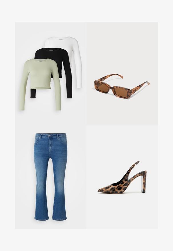 Even&Odd Petite 3 PACK - Long sleeved top - black/white/light green; Blue denim flared jeans with a mid-rise waist, two front pockets, and a button closure. Features a faded wash and slight tearing at the hem.; Leopard print slingback pump with a pointed toe and transparent block heel. Made of glossy material with a smooth texture.; Tortoiseshell sunglasses with rectangular brown lenses, a thick frame, and slim arms featuring a pattern of varying shades of brown.; Silver hoop earrings with a smooth, polished finish. Round shape and secure click-top closure. Lightweight design suitable for everyday wear.
