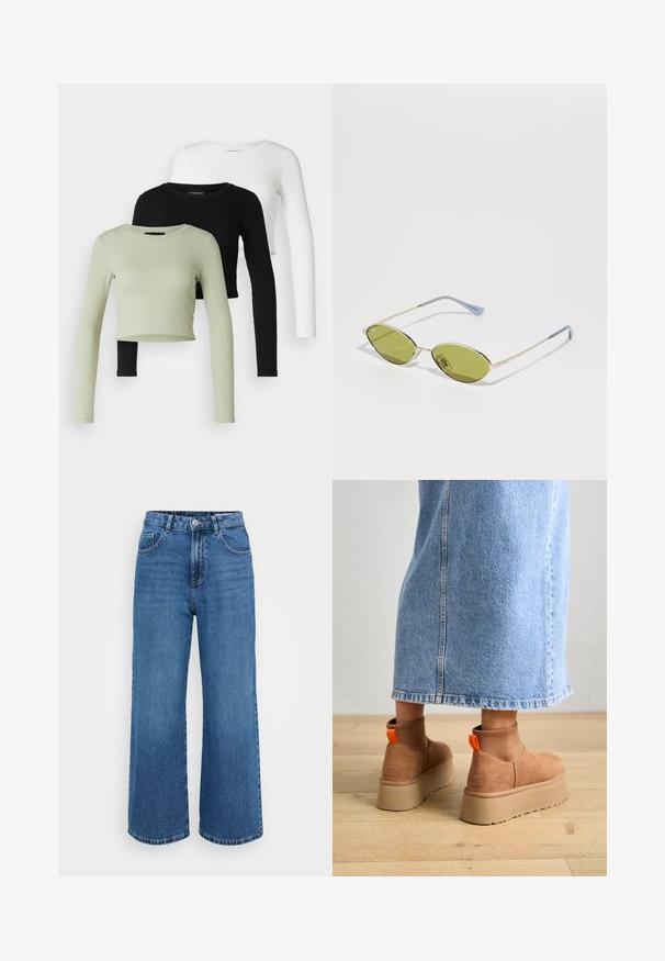 Even&Odd Petite 3 PACK - Top s dlouhým rukávem - black/white/light green; Džínové kalhoty s širokými nohavicemi v modré barvě, vysokým pasem, pětikomorovým designem, zapínáním na zip a mírně vybledlým povrchem. Prošití po celém obvodu.; Hnědé semišové platformové boty s elastickými bočními panely a oranžovými poutky, spárované s sukní z jasného denimu ke kolenům na dřevěné podlaze.; Olivově zelené sluneční brýle s tenkým zlatým rámem a modře akcentovanými stranami. Oválné čočky a minimalistický design.