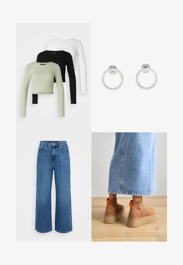 Even&Odd Petite 3 PACK - Långärmad tröja - black/white/light green; Breda ljusblå denimjeans med hög midja, femfickorsdesign, dragkedja och en lätt urtvättad finish. Stygns detaljer genom hela plagget.; Bruna mockakängor med plattform och elastiska sidopaneler samt orange dragflikar, till kombinerade med en knälång ljus denimkjol på ett trägolv.; Silvriga metallringörhängen med borstad yta, som har en cirkulär design och en genomskinlig stiftbaksida för säker användning.