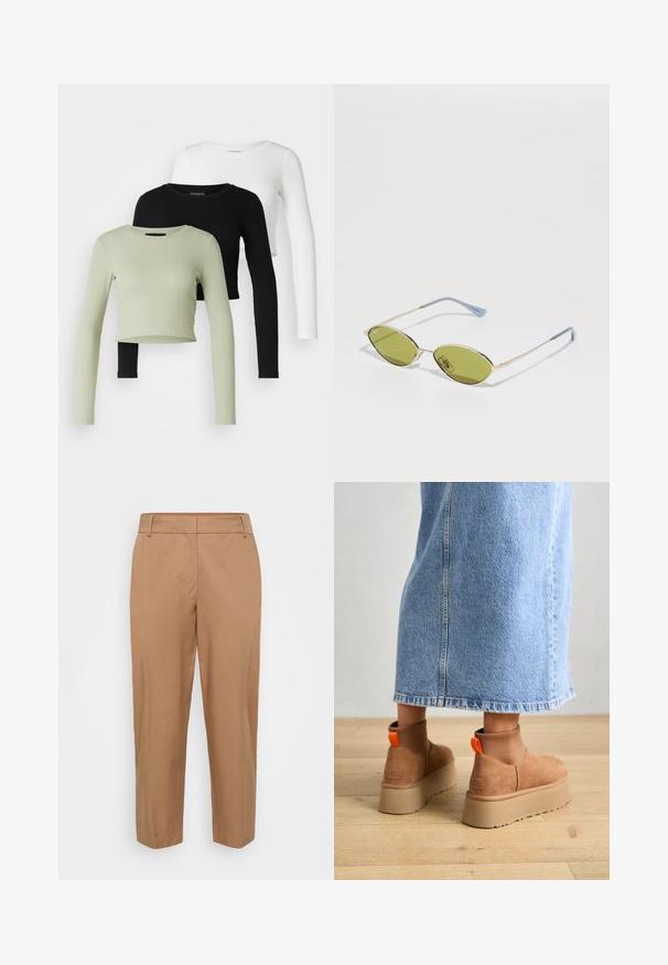 Even&Odd Petite 3 PACK - Tops ar garām piedurknēm - black/white/light green; Kādas bikses, kas izgatavotas no gludas auduma, ar taisnu kāju griezumu, leņķveida priekšējām kabatām un tīru apdari bez redzamām aizdarnēm.; Brūni zamšādas platforma zābaki ar elastīgiem sānu paneļiem un oranžām cilpām, apvienoti ar līdz ceļgaliem garu gaišā denima svārku uz koka grīdas.; Olīvu zaļi saulesbrilles ar plānu zelta rāmi un zila akcenta kājām. Ovali lēcas un minimālisma dizains.