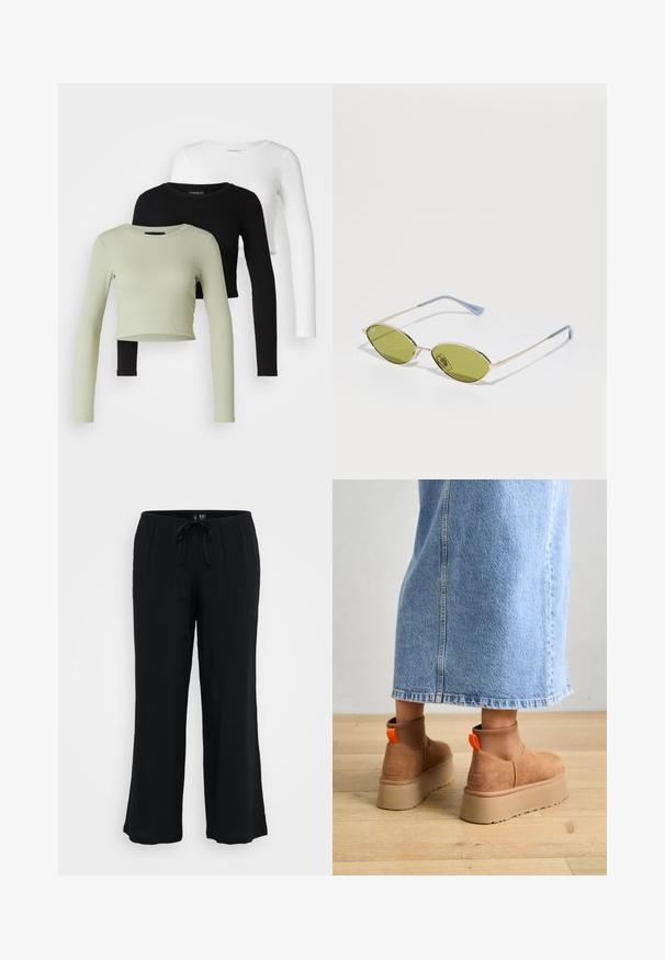 Even&Odd Petite 3 PACK - Long sleeved top - black/white/light green; Black, lightweight, wide-leg pants with an elastic waistband and drawstring. Smooth texture, no visible patterns or accents.; Brown suede platform boots with elastic side panels and orange pull tabs, paired with a knee-length light denim skirt on a wooden floor.; Olive green sunglasses with a thin gold frame and blue-accented arms. Oval lenses and minimalistic design.