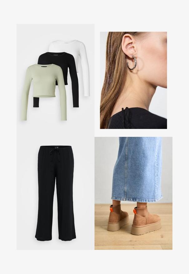 Even&Odd Petite 3 PACK - Top s dlhým rukávom - black/white/light green; Čierne, ľahké, nohavice so širokými nohavicami a elastickým pásom s šnúrkou. Hladký povrch, bez viditeľných vzorov alebo akcentov.; Hnedé zamskové platformové čižmy s elastickými bočnými panelmi a oranžovými ťahákmi, v kombinácii s sukňou z ľahkého denimu po kolená, na drevenej podlahe.; Strieborná kruhová náušnica s lesklým povrchom, obsahujúca malé zlaté akcenty a okrúhly tvar, nosená na lalôčiku ucha.