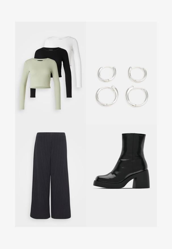 Even&Odd Petite 3 PACK - Langarmshirt - black/white/light green; Schwarze weit geschnittene Hosen mit weißem Streifenmuster. Hergestellt aus glattem Stoff, mit hoher Taille und ohne sichtbare Verschlüsse.; Schwarze Stiefeletten mit glänzender Oberfläche, quadratischer Zehenpartie und dicker Blockabsatz. Das Design zeichnet sich durch eine nahtlose Silhouette und minimalistische Markenkennzeichnung aus.; Silberne Creolen mit einer glatten, polierten Oberfläche. Zwei Paare mit leicht unterschiedlicher Größe. Einfaches, kreisförmiges Design, leicht im Gewicht.