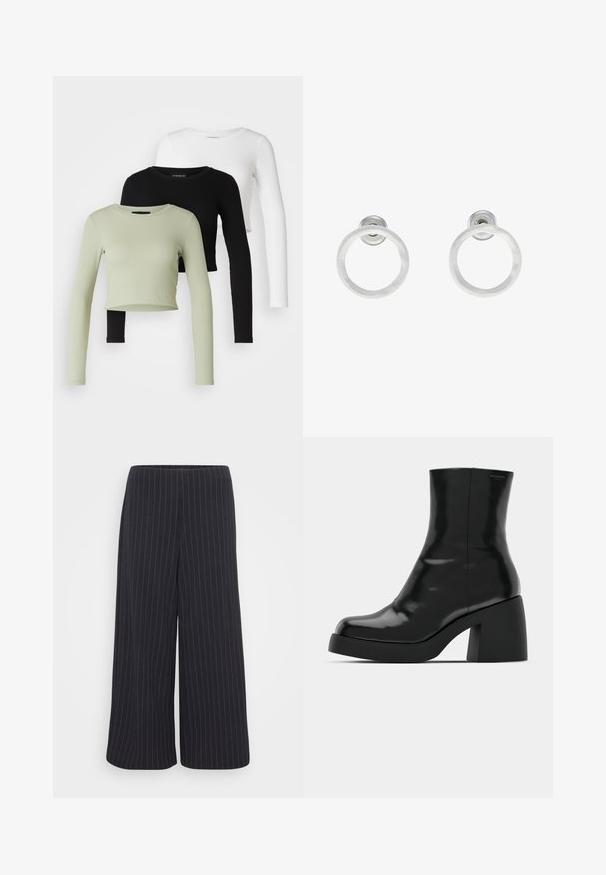 Even&Odd Petite 3 PACK - Top dugih rukava - black/white/light green; Crne široke hlače s uzorkom bijelih pruga. Izrađene su od glatkog materijala, imaju visoki struk i nemaju vidljive kopče.; Crne gležnjače s sjajnom površinom, četvrtastim vrhom i debelim blok petama. Dizajn ima besprijekornu siluetu i minimalno brendiranje.; Srebrne metalne naušnice u obliku prstena s brušenom teksturom, s kružnim dizajnom i prozirnom vrstom kopče za sigurno nošenje.