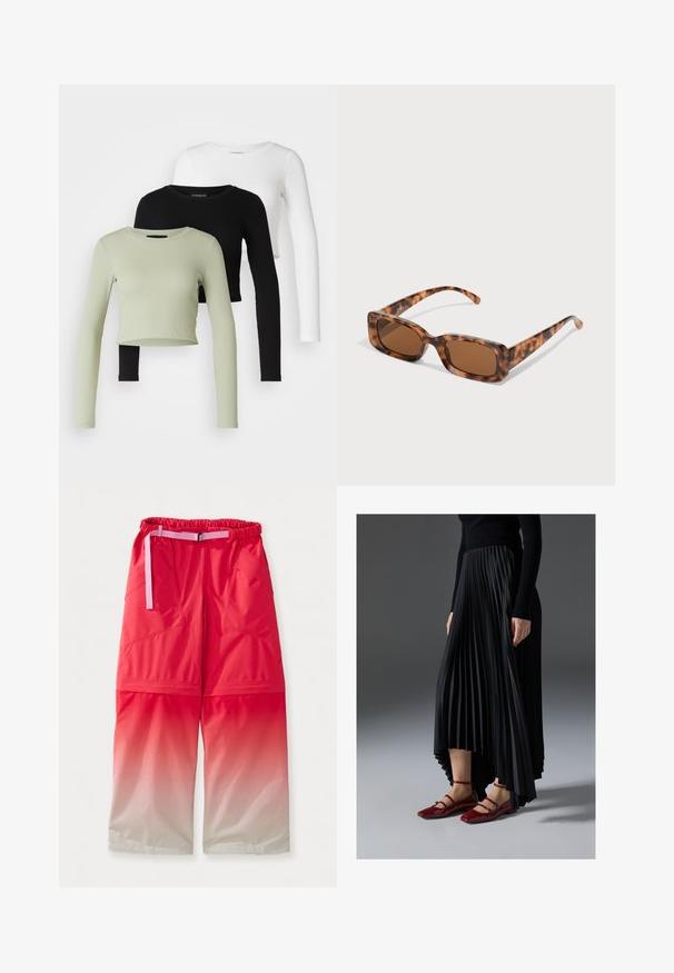 Even&Odd Petite 3 PACK - Tops ar garām piedurknēm - black/white/light green; Sarkani gradient bikses ar elastīgu jostasviju un rozā regulējamu jostu. Iekļauj divus sānu kabatas un gludu, ūdensizturīgu tekstūru.; Melna plisēta kleita ar augstu priekšpusi un zemāku aizmuguri, saskaņota ar spīdīgām sarkānām dzīvokļa kurpēm ar siksnu dizainu. Audumam ir gluda tekstūra.; Tortoiseshell saulesbrilles ar taisnstūrveida brūniem stikliem, biezs rāmis un plānas kājas ar dažādu brūnu toņu rakstu.