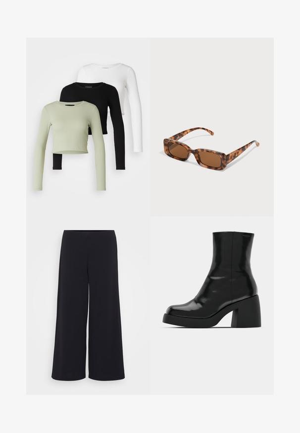 Even&Odd Petite 3 PACK - Majica z dolgimi rokavi - black/white/light green; Črne široke hlače iz gladkega materiala, z visokim pasom in tekočo silhueto, ki se ponašajo s čisto, brez okrasja zasnovo.; Črne gležnjarje z sijajno površino, kvadratnim nosom in debelim blokskim peto. Oblikovanje izstopa s brezšivno silhueto in minimalnim logotipiranjem.; Želve sunčane naočale s pravokutnim smešnim lećama, debelim okvirom i tankim ručkama s uzorkom različitih nijansi smeđe boje.