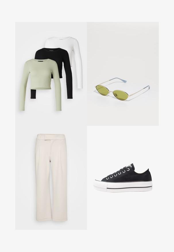 Even&Odd Petite 3 PACK - Ilgarankovis viršutinės dalies drabužis - black/white/light green; Bežinės plačios kelnės, pagamintos iš minkštos medžiagos su lygiu paviršiumi. Su plokščiu juosmeniu ir dviem priekinėmis raukšlėmis.; Juodas drobės sportbačių modelis su baltu gumuotu padu, apvalia nosimi, žemo profilio dizainu, metalinėmis akytėmis ir tekstūruotu priekiniu kraštu. Plona juoda juostelė palei padą.; Alyvos spalvos saulės akiniai su plonu auksiniu rėmu ir mėlynais akcentuotais šonais. Ovalūs objektyvai ir minimalistiškas dizainas.