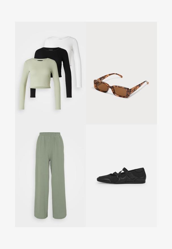 Even&Odd Petite 3 PACK - Tops ar garām piedurknēm - black/white/light green; Gaiši zaļi, platās kājas bikses ar elastīgu jostasvietu, izgatavotas no teksturēta auduma. Iespējo maigu plūdeni un brīvu piegriezumu.; Melni plakani apavi ar mīkstu, faktūrētu augšu, aprīkoti ar divām regulējamām siksniņām un noapaļotu purngalu, uz plakana gumijas zoles.; Tortoiseshell saulesbrilles ar taisnstūrveida brūniem stikliem, biezs rāmis un plānas kājas ar dažādu brūnu toņu rakstu.; Sudraba riņķveida auss gredzeni ar gludu, pulētu apdari. Apaļa forma un drošs klikšķa augšējais slēgums. Viegls dizains, kas piemērots ikdienas valkāšanai.