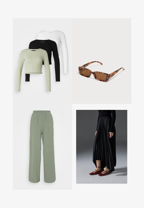Even&Odd Petite 3 PACK - Longsleeve - black/white/light green; Lichtgroene, wijde broek met een elastische tailleband, gemaakt van een gestructureerde stof. Beschikt over een zachte draping en een relaxte pasvorm.; Zwarte geplooide rok met een high-low zoom, gecombineerd met glanzende rode ballerina's met een bandontwerp. De stof heeft een soepele textuur.; Tortoiseshell zonnebril met rechthoekige bruine lenzen, een dik montuur en slanke armen met een patroon van variërende bruintinten.
