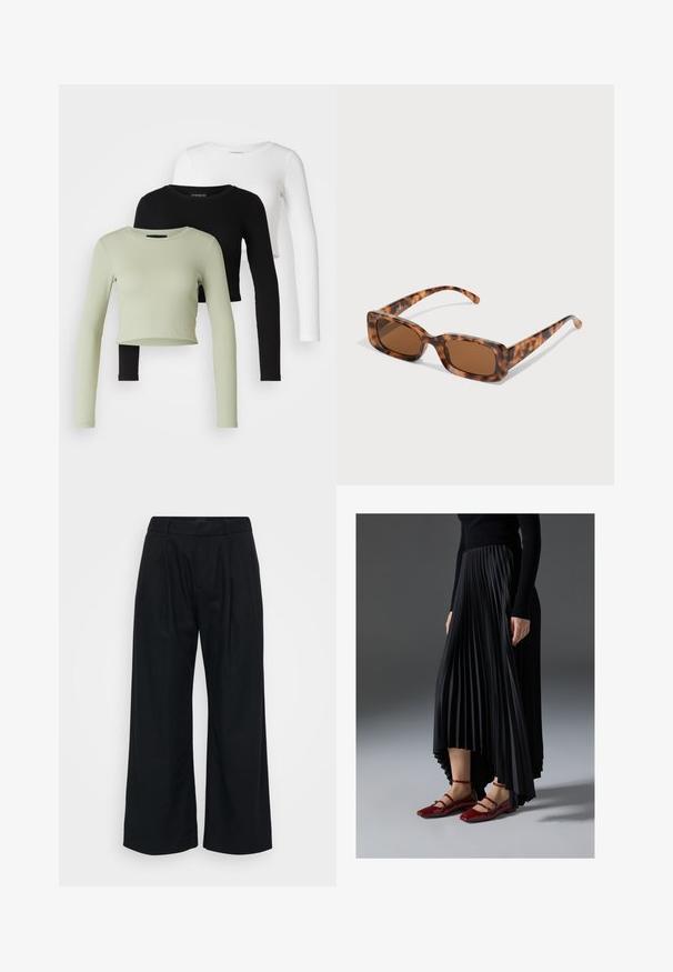 Even&Odd Petite 3 PACK - Longsleeve - black/white/light green; Zwarte wijde broek gemaakt van een zachte stof, met een vlakke voorkant, zichtbare plooien en een tailleband met lussen voor een riem.; Zwarte geplooide rok met een high-low zoom, gecombineerd met glanzende rode ballerina's met een bandontwerp. De stof heeft een soepele textuur.; Tortoiseshell zonnebril met rechthoekige bruine lenzen, een dik montuur en slanke armen met een patroon van variërende bruintinten.