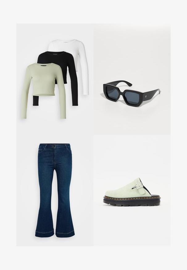 Even&Odd Petite - Bluzka z długim rękawem; Ciemnoniebieskie spodnie dzwony z denimu, z pięcioma kieszeniami, zapięciem na guzik i kontrastowym przeszyciem na dole.; Jasnozielone zamszowe klapki z zaokrąglonym noskiem, regulowanym paskiem na klamrę oraz czarną teksturowaną podeszwą z pomarańczowym przeszyciem.; Czarne, oversize okulary przeciwsłoneczne o geometrycznym wzorze, prostokątne soczewki i błyszczące wykończenie. Brak widocznych oznaczeń na przedniej części.; Złote kolczyki w kształcie obręczy o gładkim, zaokrąglonym wzornictwie. Posiadają małe zapięcie na zawias, lekką konstrukcję i błyszczące wykończenie.