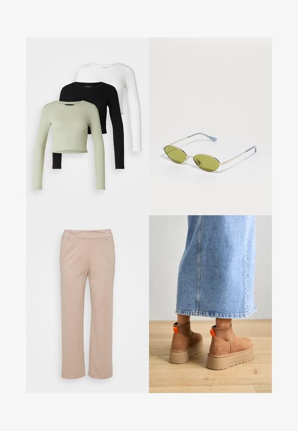 Even&Odd Petite 3 PACK - Long sleeved top - black/white/light green; Beige, wide-leg pants made from soft fabric; features a smooth waistband and side pockets, with a clean, tailored silhouette.; Brown suede platform boots with elastic side panels and orange pull tabs, paired with a knee-length light denim skirt on a wooden floor.; Olive green sunglasses with a thin gold frame and blue-accented arms. Oval lenses and minimalistic design.