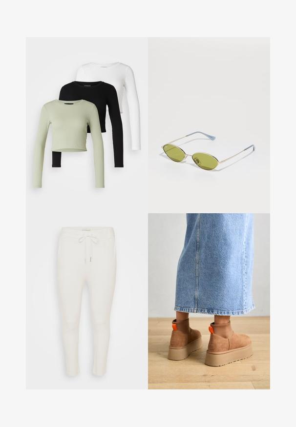 Even&Odd Petite 3 PACK - Langarmshirt - black/white/light green; Weiße Jogginghose mit elastischem Bund und verstellbarem Kordelzug. Hergestellt aus weichem Stoff mit glatter Textur und schmalem Beinabschluss.; Braune Wildleder-Plateau-Stiefel mit elastischen Seitenpaneelen und orangen Zuglaschen, kombiniert mit einem knielangen hellen Jeansrock auf einem Holzboden.; Olivgrüne Sonnenbrille mit dünnem goldenen Rahmen und blauen Akzenten an den Bügeln. Ovale Gläser und minimalistisches Design.