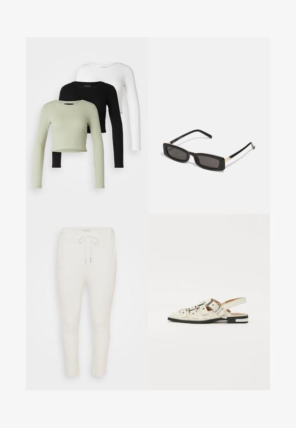 Even&Odd Petite 3 PACK - Tops ar garām piedurknēm - black/white/light green; Baldie jogger bikses ar elastīgu jostasvietu un regulējamu auklu. Izgatavotas no mīksta auduma ar gludu tekstūru un sašaurinātu kāju dizainu.; Baleta sandalītes baltā ādā ar vairākiem platām siksnām un sudraba sprādzēm; plakana zole ar mazu melnu papēdi un metalizētām akcentiem.; Melnas taisnstūra saulesbrilles ar tumšiem objektīviem, spīdīgām plastikāta rāmēm un zelta akcentiem tempļos. Minimalistisks dizains un eleganta forma.; Zelta auskari ar gludu, spīdīgu apdari. Apaļš dizains, kas ietver mazu tapu un caurspīdīgu pamatni drošai valkāšanai.