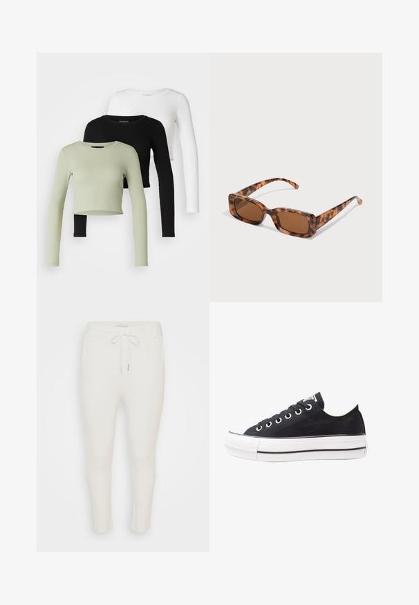 Even&Odd Petite 3 PACK - Topper langermet - black/white/light green; Hvite joggebukser med elastisk midje og justerbar snøring. Laget av mykt stoff med en jevn tekstur og innsnevret beindesign.; Svart canvas sneakers med hvit gummisåle, rund tå, lavt design, metalløye og teksturert tåhette. Tynn svart stripe langs sålen.; Skilpadde-solbriller med rektangulære brune linser, en tykk ramme og smale stenger som har et mønster av varierende nyanser av brunt.