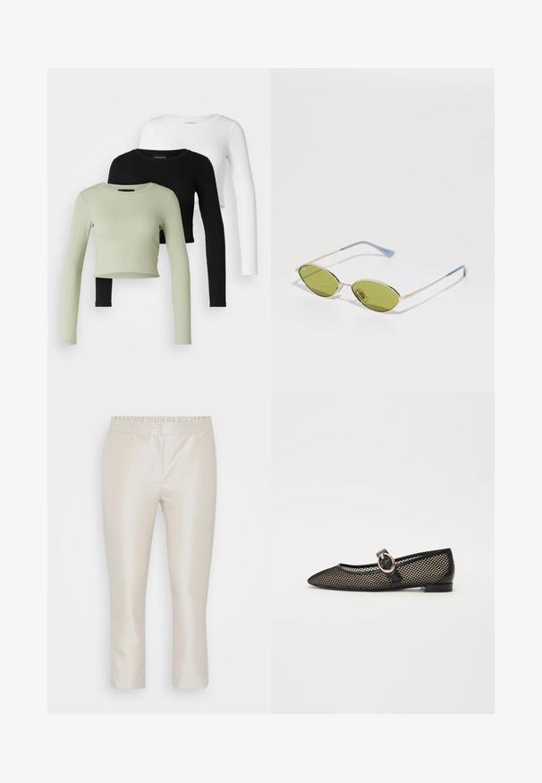 Even&Odd Petite 3 PACK - Top s dlhým rukávom - black/white/light green; Bledosivé skrátené nohavice s hladkým saténovým povrchom, s gumičkovým pásom a predným zapínaním na gombík.; Čierne baleríny typu Mary Jane s špicatým tvarom, sieťovaným dizajnom, koženým lemom a okrúhlou zlatou sponou na remienku.; Olivové slnečné okuliare s tenkým zlatým rámom a modro akcentovanými stranicami. Oválne šošovky a minimalistický dizajn.