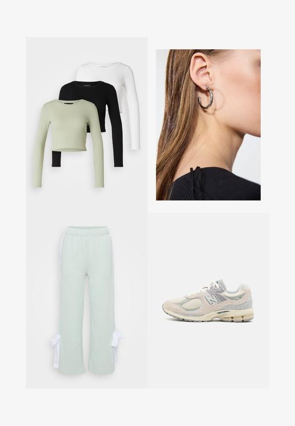 Even&Odd Petite 3 PACK - Topper langermet - black/white/light green; Even&Odd Petite Joggebukse - light green; Lys grå og beige New Balance-sneaker med semsket skinn og mesh-materiale, polstret krage, tykk såle og reflekterende detaljer. Snøringsdesign.; Sølv ringøredob med en polert finish, med små gull detaljer og en rund form, båret på øreflippen.