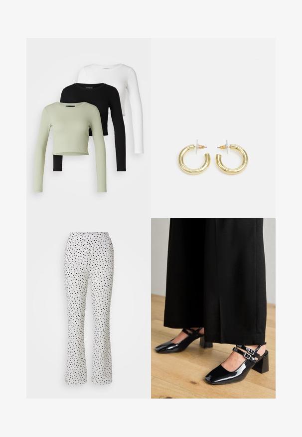 Even&Odd Petite 3 PACK - Camisola de manga comprida - black/white/light green; Calças brancas com bolinhas pretas, apresentando um design evasé e uma cintura elástica. Feitas de um tecido leve e texturizado.; Sapatos slingback de verniz preto com biqueiras quadradas, apresentando duas tiras ajustáveis no tornozelo e saltos blocados. Acabamento liso e brilhante.; Brincos em argola dourados com um acabamento liso e brilhante. Design circular com um pequeno pino e suporte transparente para um uso seguro.