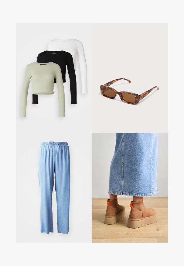 Even&Odd Petite 3 PACK - Top dugih rukava - black/white/light green; Svijetloplave, hlače ležernog kroja od mekog materijala s elastičnim pojasom i podesivom vezicom, s ravnim nogavicama i bez džepova.; Smeđe suede platform čizme s elastičnim bočnim panelima i narančastim vučnim trakama, uparenim s suknjom od svijetlog denima do koljena na drvenom podu.; Naočale u obliku tortoiseshella s pravokutnim smeškim lećama, debelim okvirom i tankim nogicama koje imaju uzorak od različitih nijansi smeđe boje.; Srebrne kružne naušnice s glatkom, poliranom površinom. Okrugli oblik i sigurno kopčanje na klik. Lagani dizajn pogodan za svakodnevno nošenje.